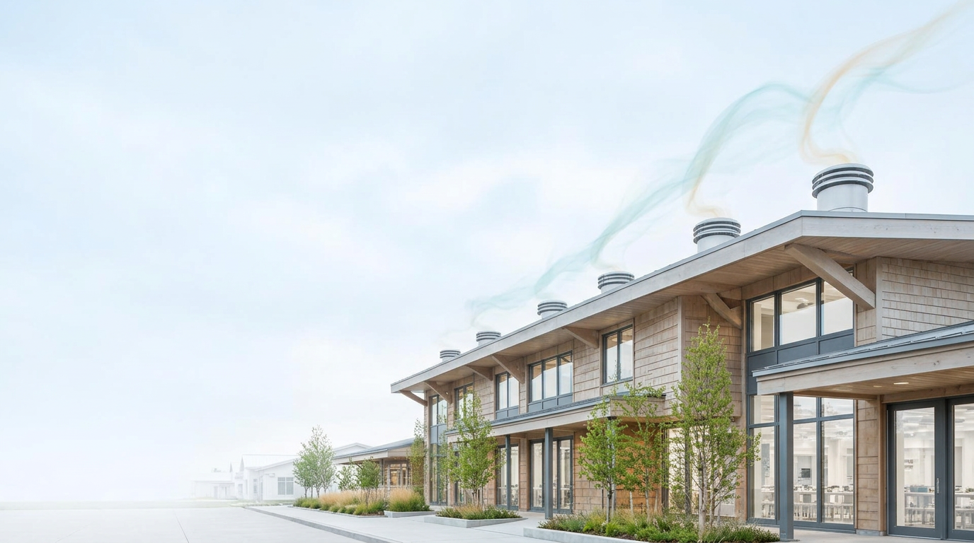 Bright low-energy school building with roof-mounted ventilation terminals and airflow streams