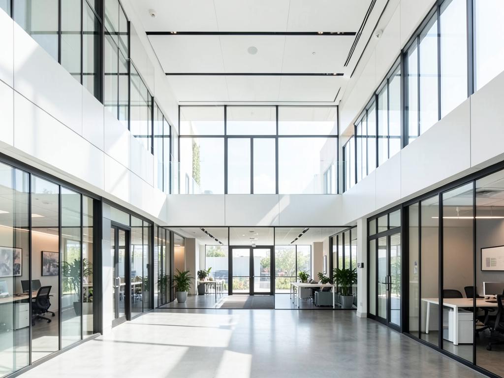 Modern commercial office atrium with glazing and daylight